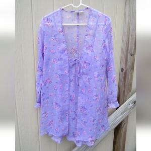 Fredericks of Hollywood S Babydoll 2pc Nightgown Robe Set Sheer Lavender Floral